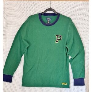Polo Ralph Lauren Green Waffle‎ Knit Sleepwear Lounge Top Big P Letter Patch L